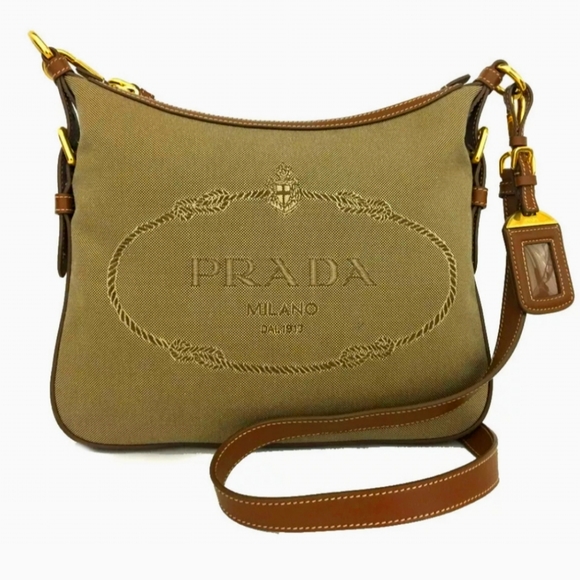 PRADA JACQUARD LOGO CANVAS BEIGE LEATHER SHOULDER BAG/R3364 - Picture 1 of 15